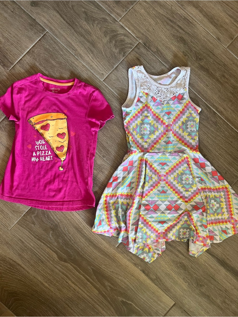 bcg Girls' Hot Pink Pizza Graphic Tee & Multicolor Geometric Tank Dress Set